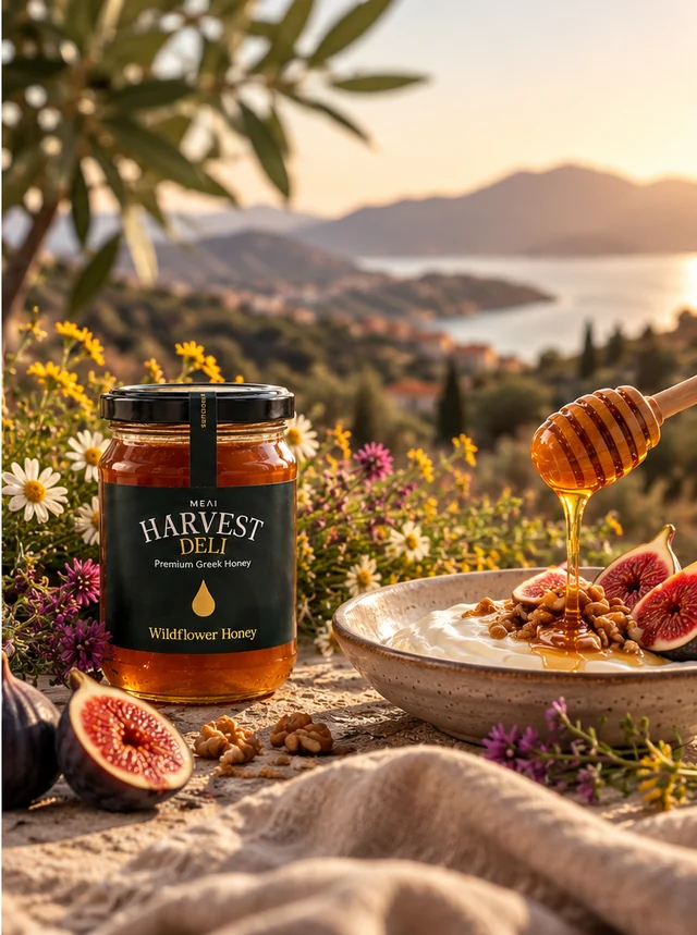 Harvest Deli Griekse Bloesemhoning tussen wilde bloemen boven de Griekse kust, naast yoghurt met honing, walnoten en vijgen