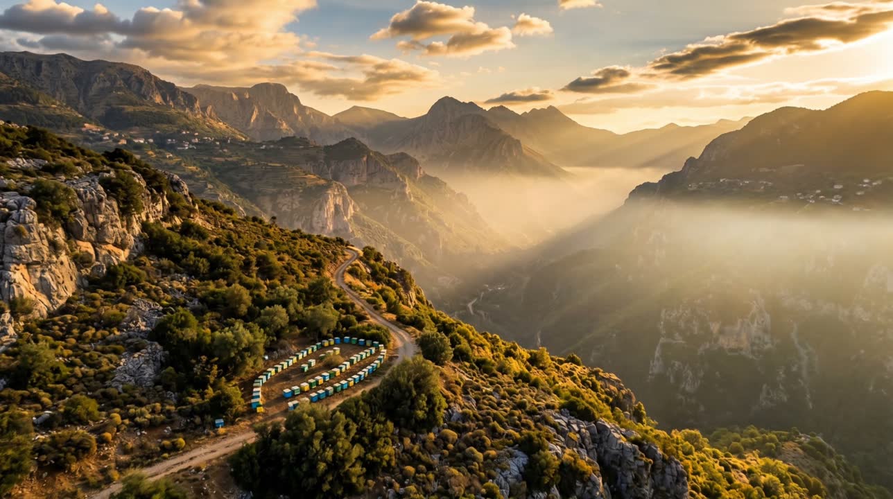 Aerial view of beehives along a Pelion ridge at golden sunrise, fog drifting through the valley